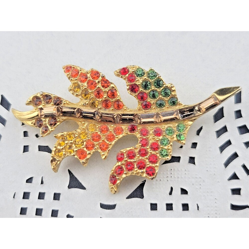 Repair Pell Mary Beth Burchardt Rhinestone Fall 🍁Leaf 2.5" Brooch Pin Gold Tone